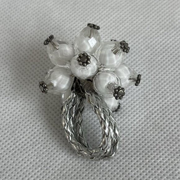 Silver White Beaded Flower Ring Adjustable One Size Fits Any Jewelry - Picture 3 of 4